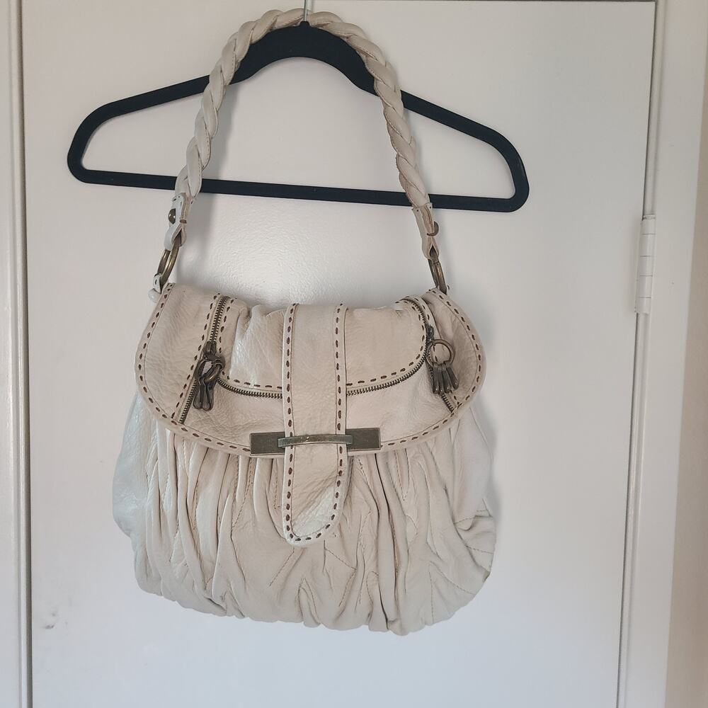 Per Se Butter Soft Leather Shoulder Bag Ivory Taupe Braided Handle